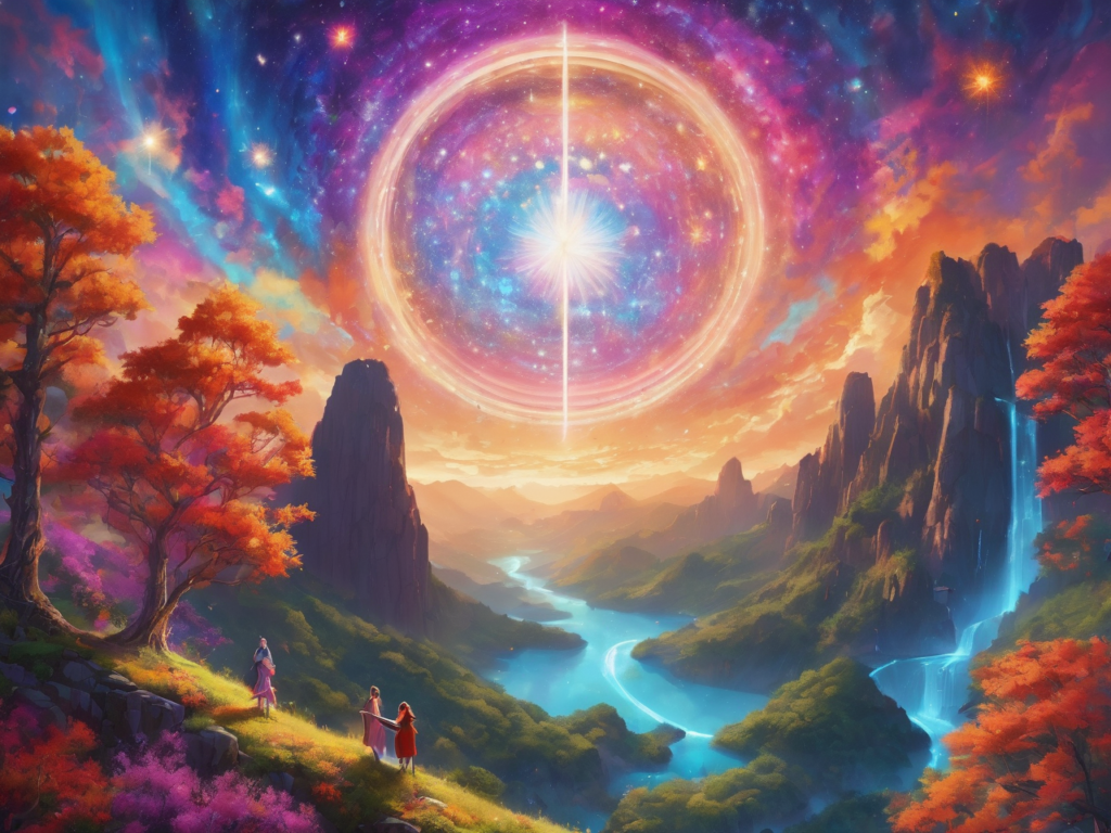 A digital illustration portraying a person standing with arms outstretched towards the sky, surrounded by a glowing aura of gratitude. Radiant beams of light emanate from their heart, symbolizing the energy of gratitude extending outward into the universe. Surrounding the person are various symbols of abundance, such as shining stars, blooming flowers, and overflowing treasure chests, representing the manifestations attracted by gratitude. Above them, a cosmic vortex swirls with vibrant colors, symbolizing the magnetic force of gratitude aligning with the abundance of the universe.