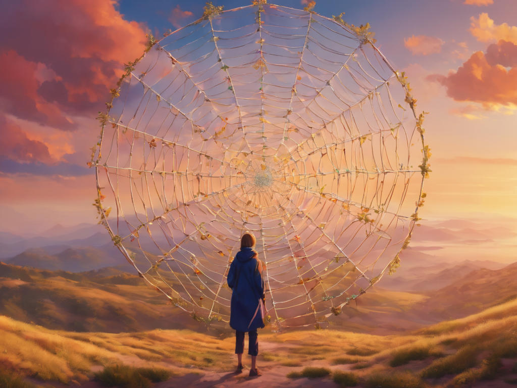 A digital illustration depicting a person standing at the center of a web-like structure, surrounded by symbols representing actions aligned with their intentions. Strands of the web lead to different aspects of manifestation, including clarity in action, inspired action vs. busywork, consistency in daily practice, mindful decision-making, flexibility in adaptation, and celebrating small wins. In the background, a sunrise or sunset scene symbolizes the journey of manifestation, with the light breaking through the clouds representing hope and resilience.