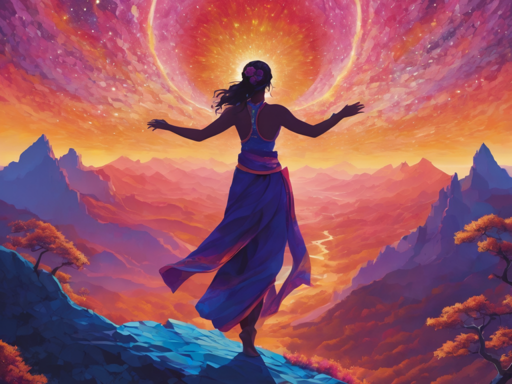 A digital illustration portraying a person standing on a mountaintop, surrounded by swirling energy and vibrant symbols of manifestation. In the background, a majestic sunrise or sunset paints the sky with warm hues. At the bottom, a winding path represents the journey traveled, with each twist and turn symbolizing challenges and victories. The illustration captures the essence of empowerment and transformation in the manifestation journey.