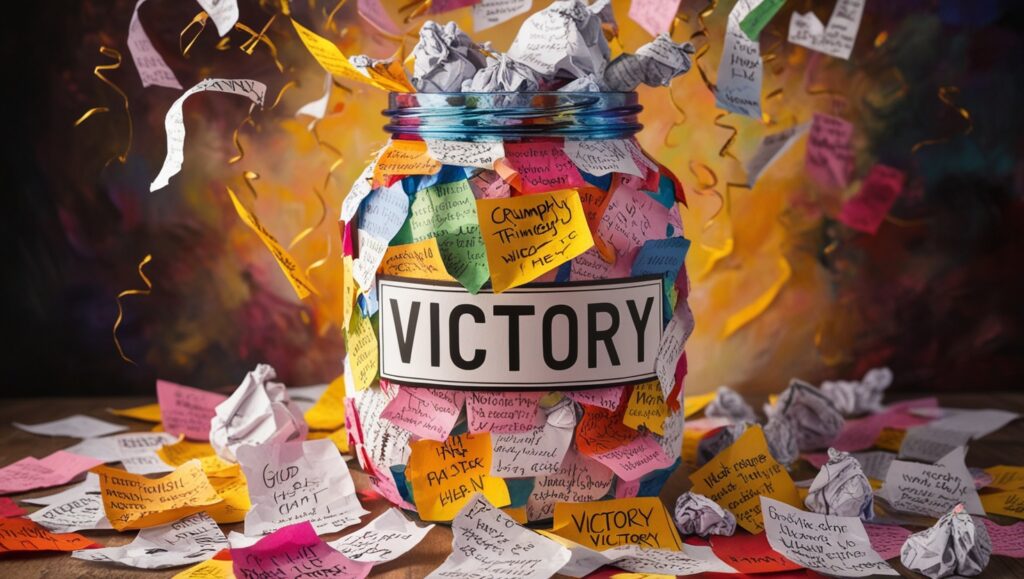 A beautifully crafted 'victory' jar, overflowing with crumpled pieces of paper scrawled with triumphant words. Each paper is filled with the joy of a conquered challenge or achieved goal, creating a mosaic of success. This stunning image, captured in a detailed painting, showcases the vibrant mix of colors and textures, highlighting every moment of triumph. The meticulous attention to detail and vivid imagery make this piece a masterpiece that exudes a sense of accomplishment and fulfillment.