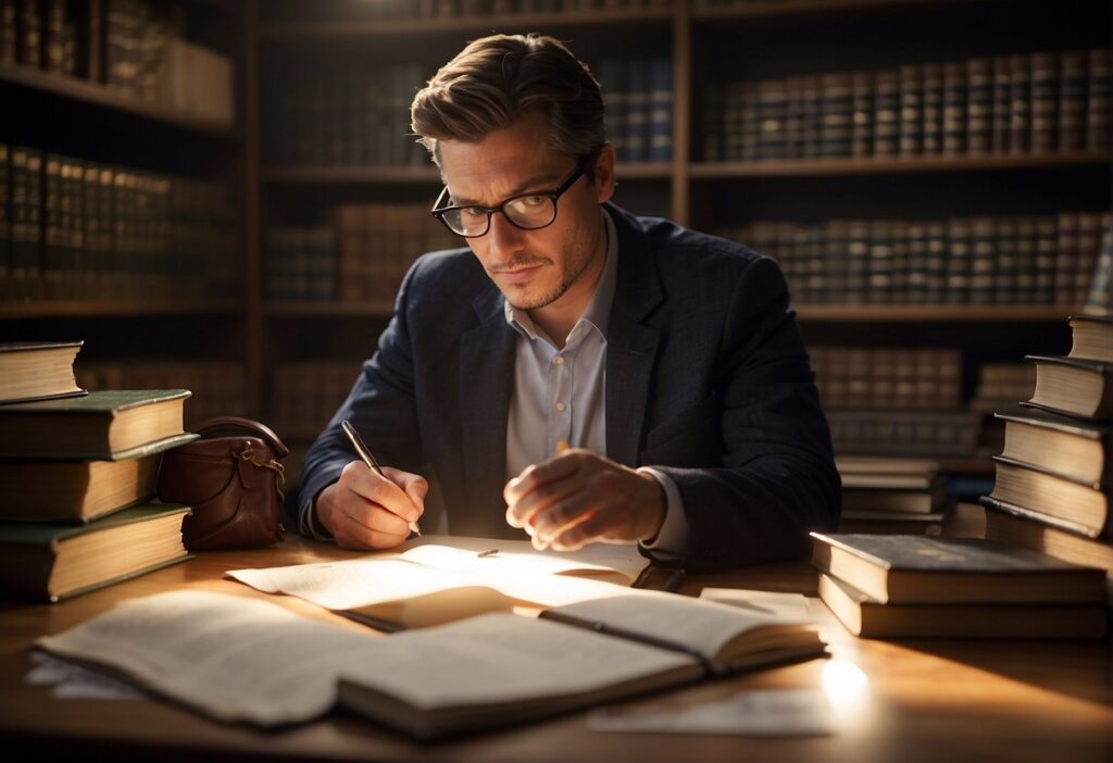 A person sits at a desk, surrounded by books and papers, with a pen in hand. A beam of light shines down, illuminating a single number written on a piece of paper