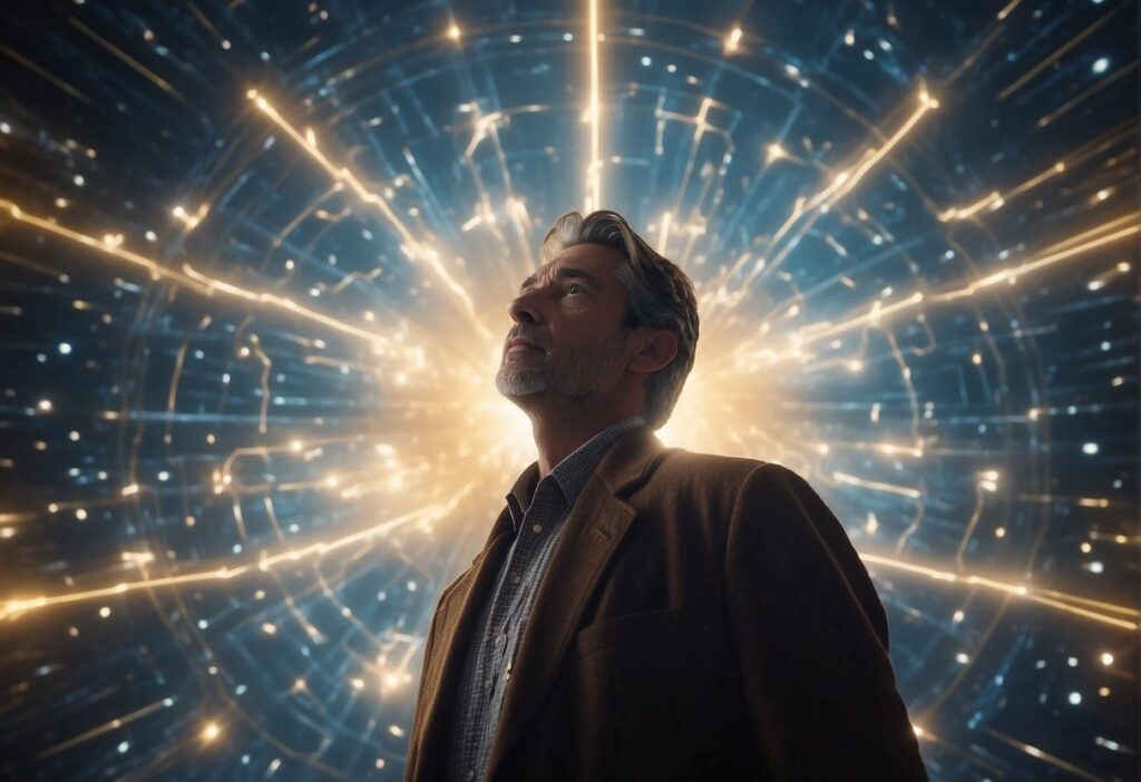 A glowing, celestial figure hovers over a person, surrounded by numbers and symbols. The person looks up in awe, as if receiving divine guidance