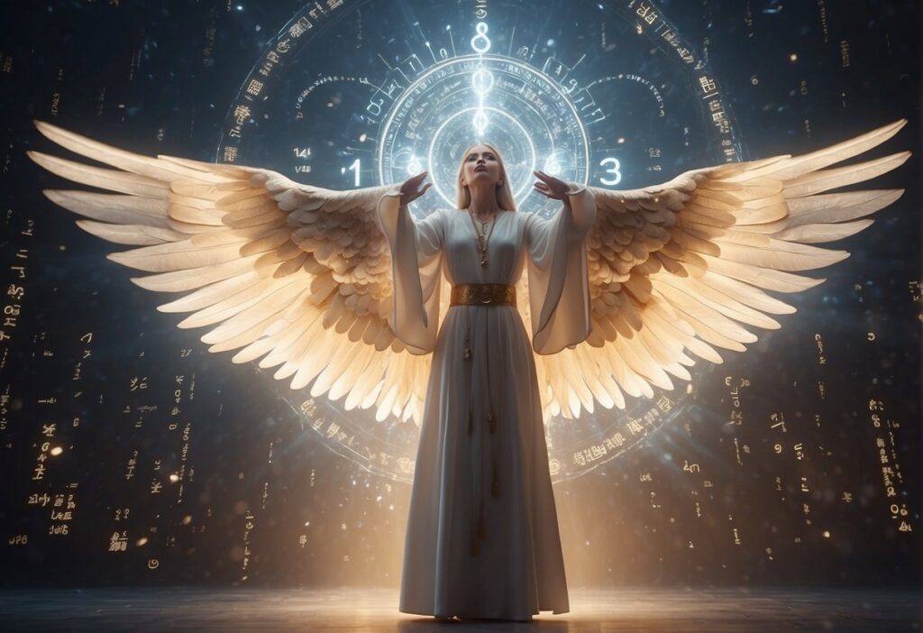 A glowing angelic figure hovers above a person, surrounded by numbers and symbols, emanating a sense of spiritual guidance and insight