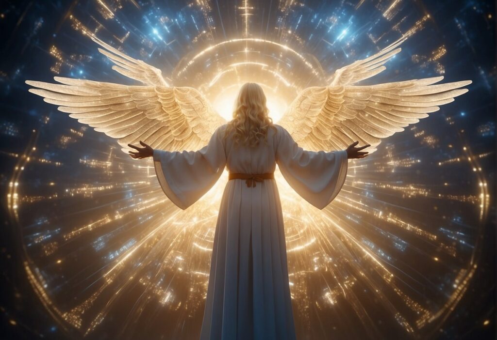 A glowing angelic figure hovers above a swirling vortex of numbers, radiating light and wisdom. The numbers form a celestial pattern around the angel, creating a sense of divine guidance