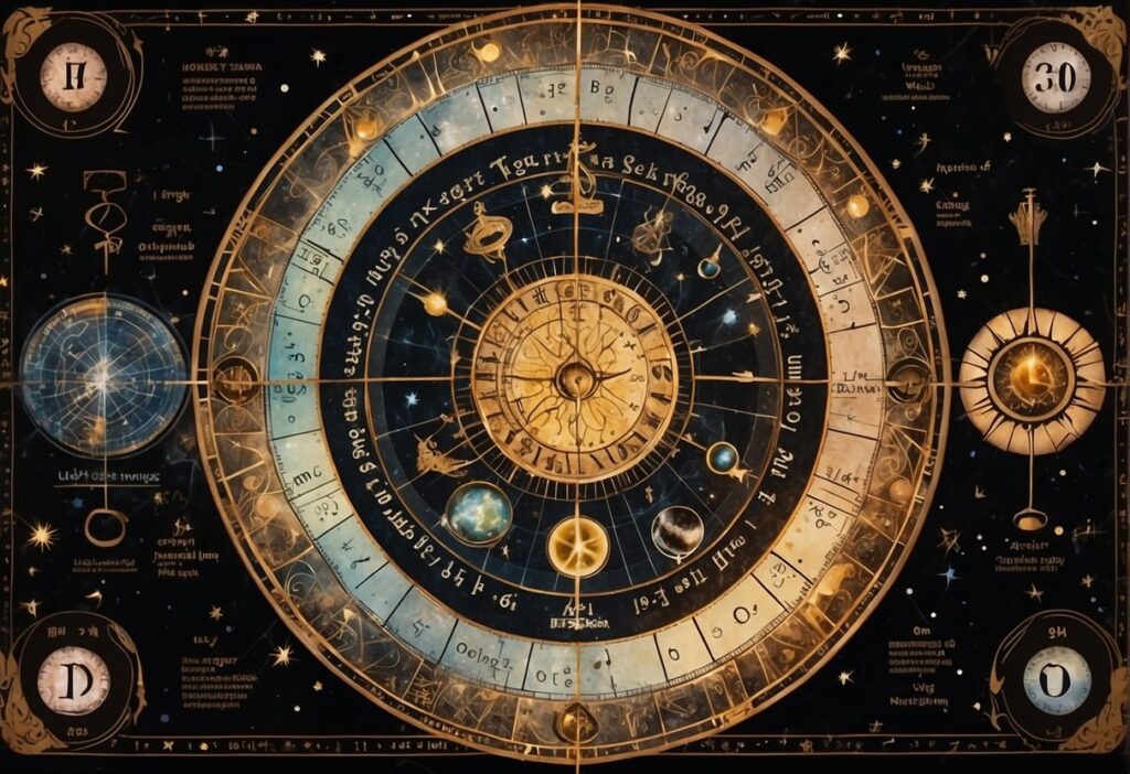 A glowing celestial chart with numbers and symbols, surrounded by divination tools like tarot cards, crystals, and a pendulum