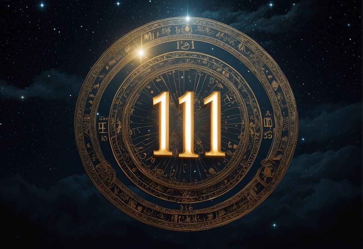 A glowing 111 appears in the night sky, surrounded by celestial symbols and ancient texts. A sense of mystery and divine energy emanates from the number