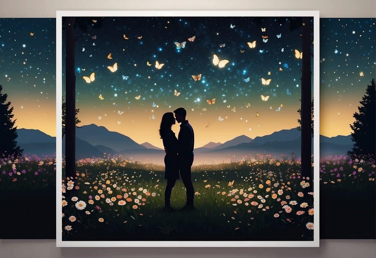 A couple embraces under a starry sky, surrounded by blooming flowers and butterflies. The number 111 glows in the background, symbolizing unity and spiritual awakening