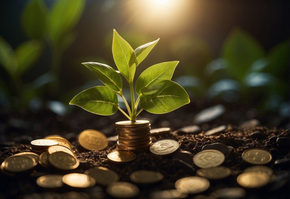 A spotlight shines on a growing plant, surrounded by scattered coins and the number 1234. The plant's leaves reach towards the light, symbolizing the role of focus in personal growth