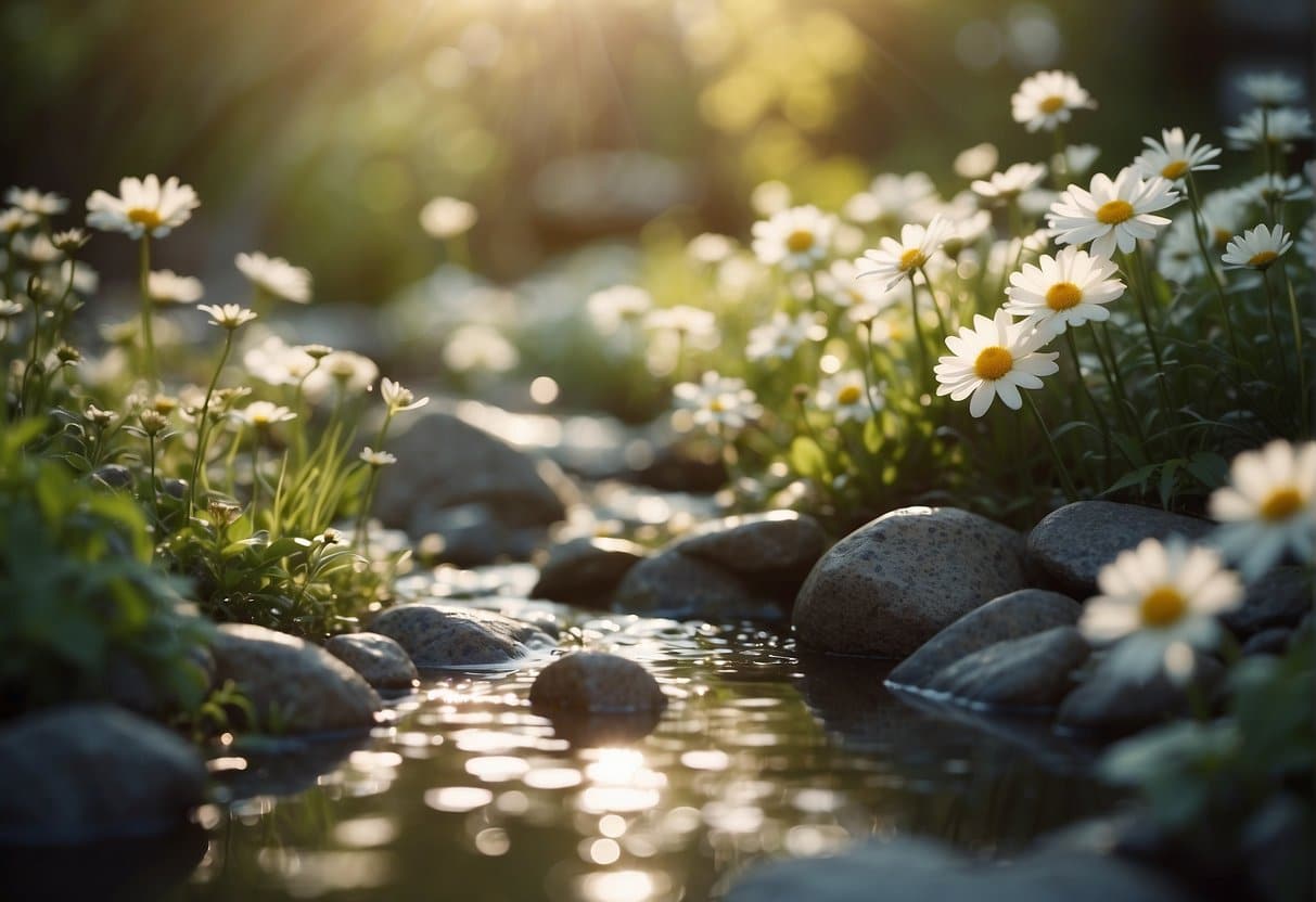 A serene garden with blooming flowers, flowing water, and gentle sunlight, surrounded by the presence of the number 1234 and a subtle hint of money