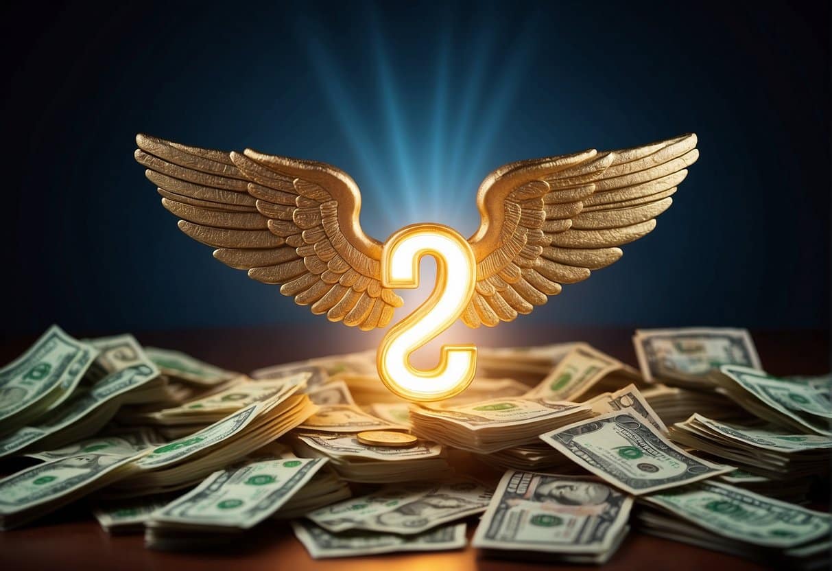 A glowing 1234 angel number hovers above a pile of money, with a question mark floating nearby