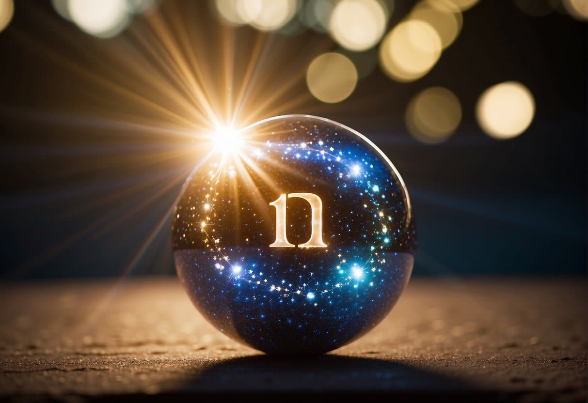 A bright, glowing orb surrounded by three radiant beams of light, each forming the number 111. The scene exudes a sense of divine guidance and spiritual awakening