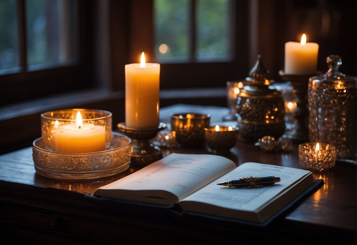 A table adorned with candles, crystals, and a blank check. A journal and pen lay ready for writing intentions. The new moon shines through an open window, casting a soft glow over the sacred space