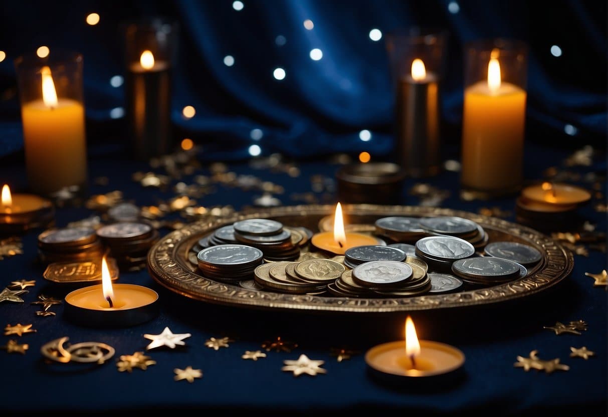 A dark, starry night sky with a sliver of the new moon shining brightly. A table adorned with candles, crystals, and money symbols. A sense of calm and focused intention in the air