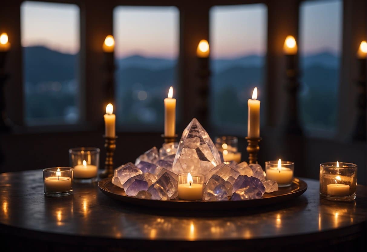 Crystals arranged on a table, surrounded by candles and incense. A new moon shines through an open window, casting a soft glow on the sacred space