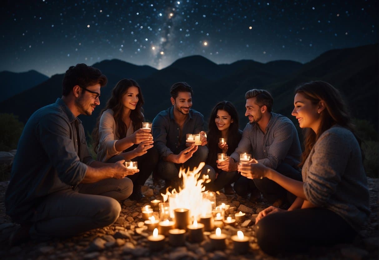 A group gathers around a glowing fire, surrounded by candles and crystals. They hold out their intentions to the universe, as the new moon rises in the night sky