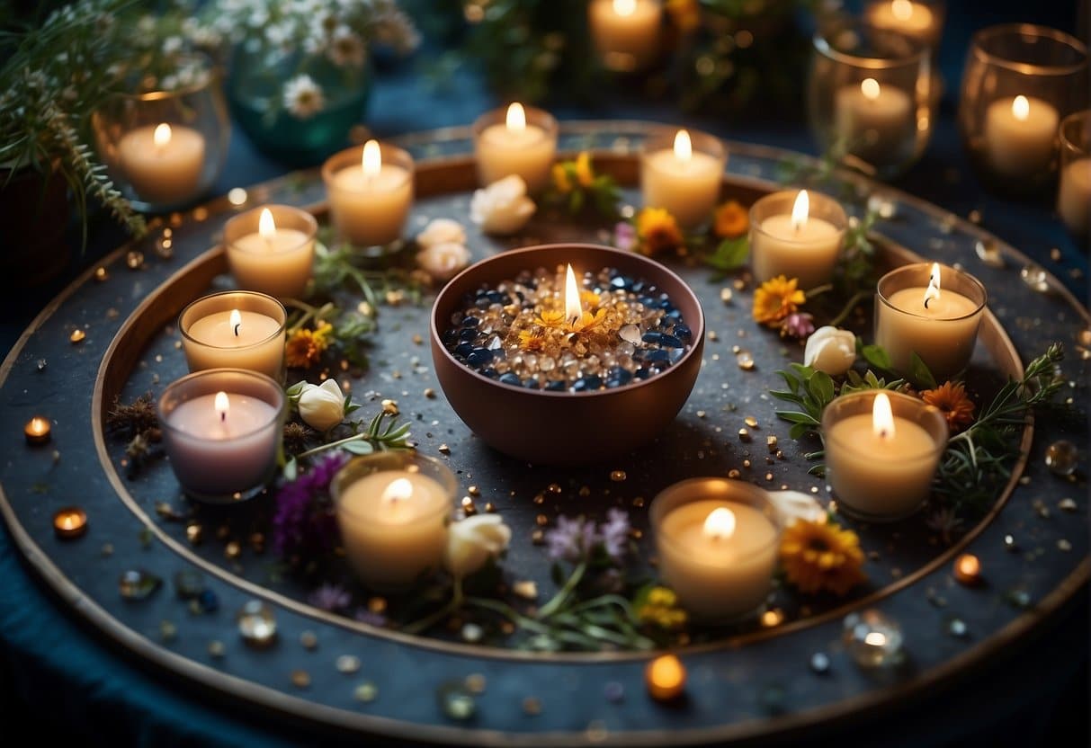 Candles arranged in a circle, crystals placed at each point. A bowl of water and earth, surrounded by herbs and flowers. An altar with symbols of wealth and abundance