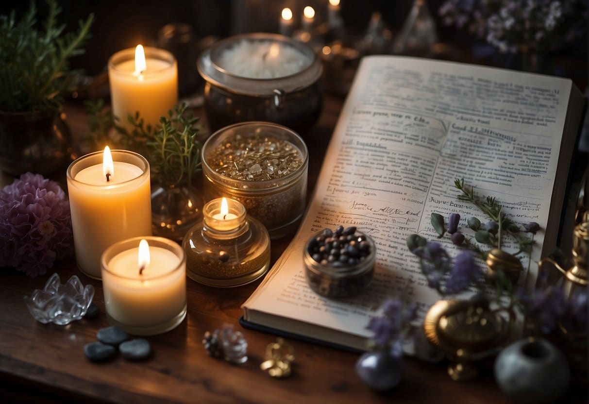 Candles burn low, incense smoke lingers. Crystals and herbs lay scattered. An open journal with affirmations sits on the altar. A vision board displaying financial goals is prominently displayed