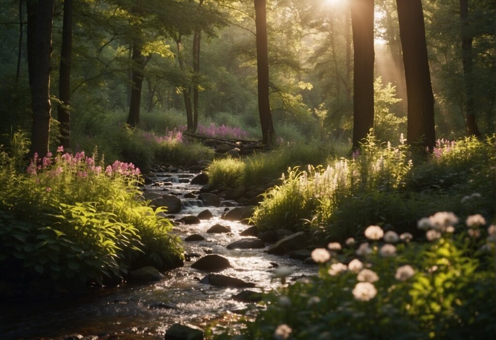 A serene forest with sunlight streaming through the trees, casting a warm and comforting glow. A peaceful stream flows gently, surrounded by vibrant greenery and colorful flowers, creating a sense of tranquility and calm