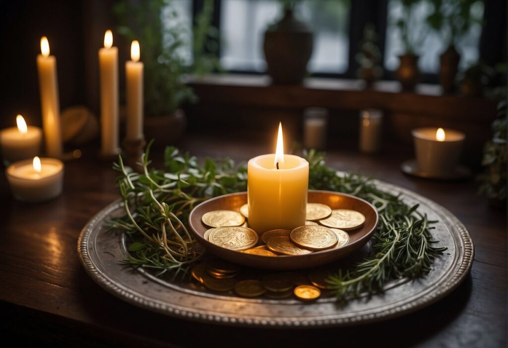 A circle of candles surrounds a bowl of fresh herbs and coins, with a golden sigil drawn on the floor. A crystal grid radiates energy, while a gentle breeze carries the scent of blooming flowers