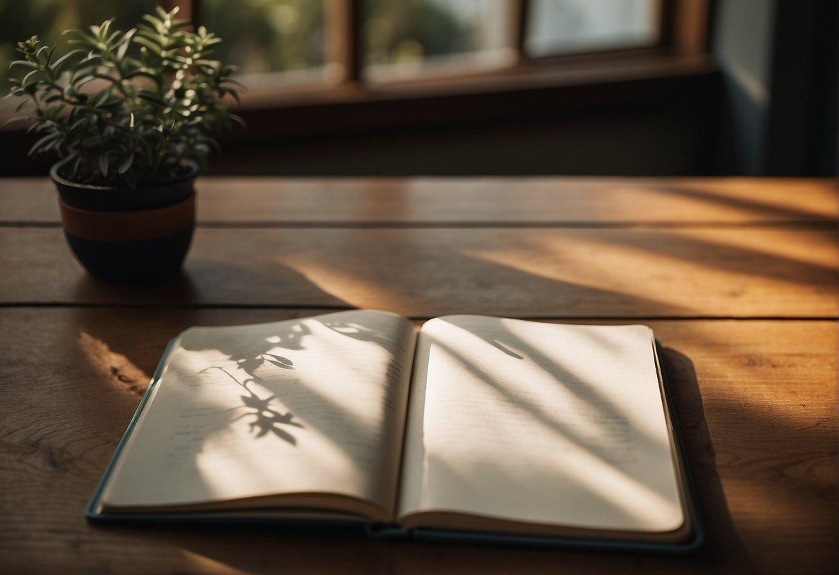 A blank journal sits open on a wooden desk, surrounded by a halo of soft light. The pen hovers above the page, ready to capture the power of manifestation through the 55x5 method