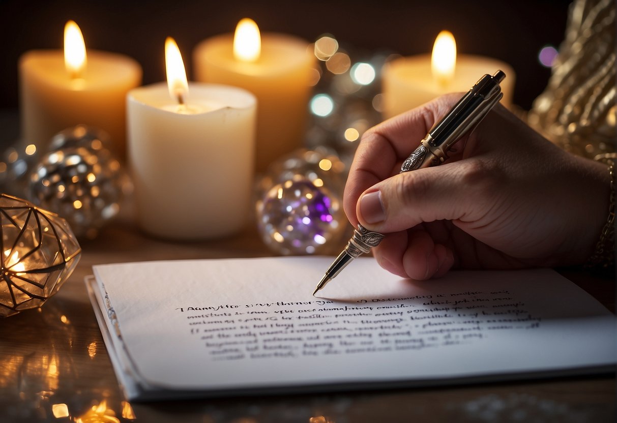 A pen writing "I am manifesting my desires" 55 times on a piece of paper, surrounded by candles and crystals for focus and energy