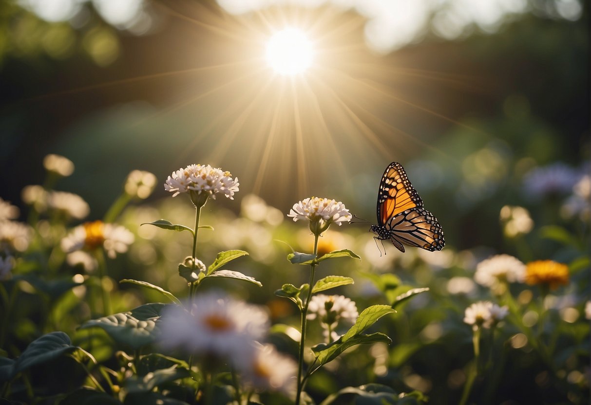 A beam of light shines down onto a tranquil garden, with flowers blooming and butterflies fluttering. A sense of peace and harmony fills the air, evoking the power of attraction and manifestation