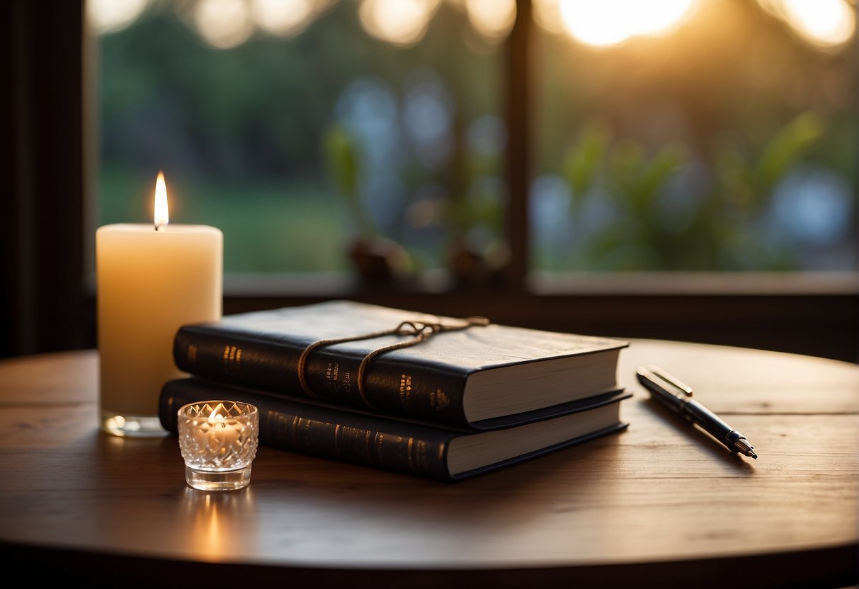 A blank journal sits open on a wooden table, surrounded by a pen, a candle, and a small crystal. The room is bathed in warm, natural light, creating a peaceful and focused atmosphere