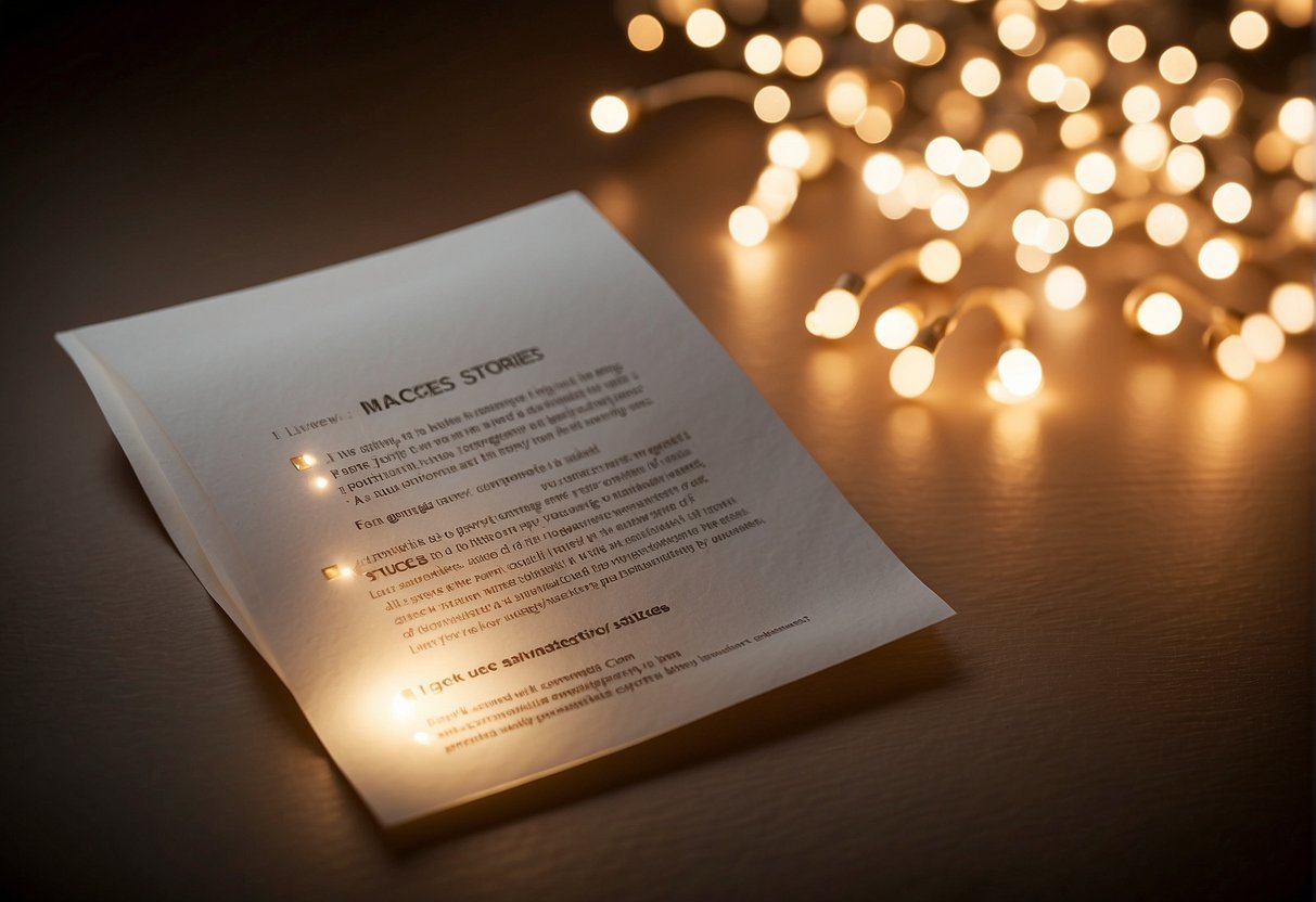 A bright, glowing light surrounds a piece of paper with "Manifestation Success Stories" written on it 55 times. The paper is surrounded by five smaller glowing lights, creating a sense of energy and achievement