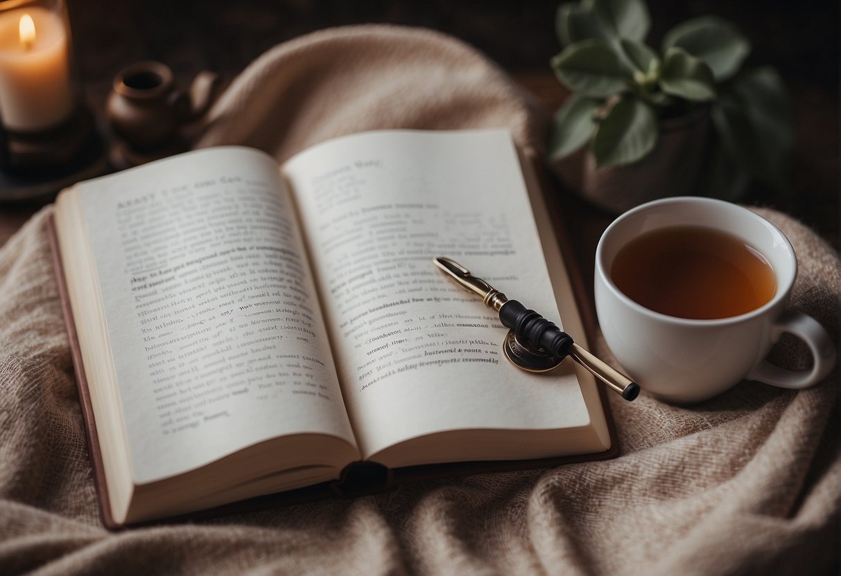 A blank journal with "Frequently Asked Questions 55x5 Manifestation Method" written on the cover, surrounded by a pen, a cup of tea, and a cozy blanket