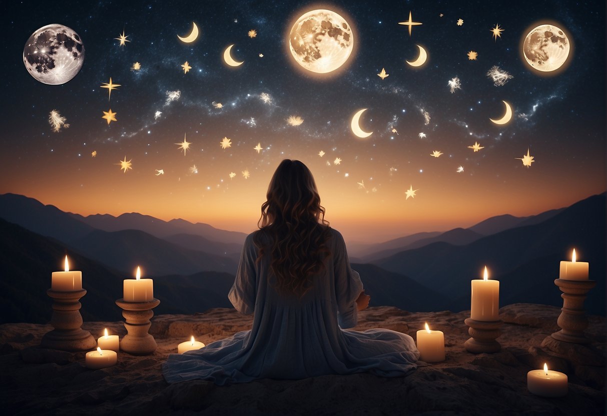 A serene night sky with a full moon shining bright, surrounded by symbols of manifestation and release, such as candles, crystals, and written intentions