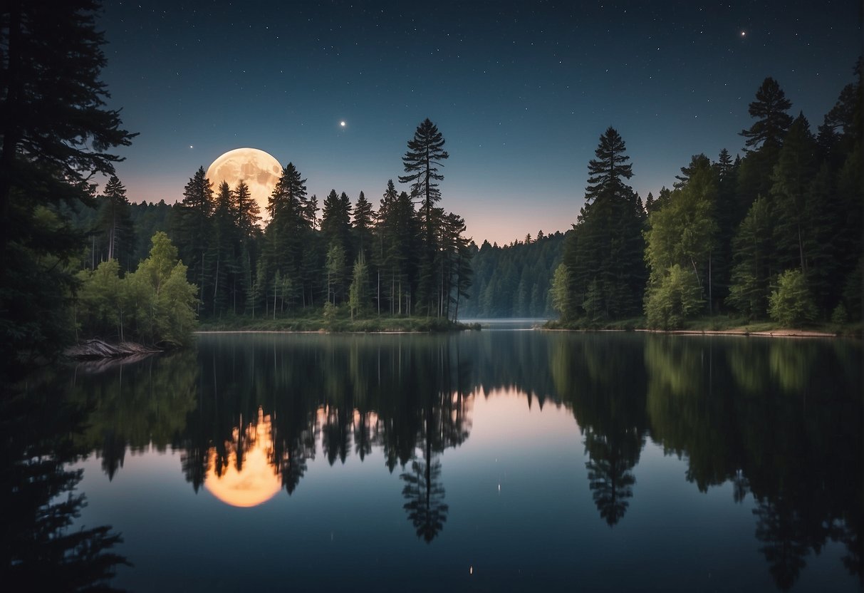 The waning moon hovers over a tranquil lake, casting a soft glow on the water. Trees bow in surrender, reflecting the moon's serene energy