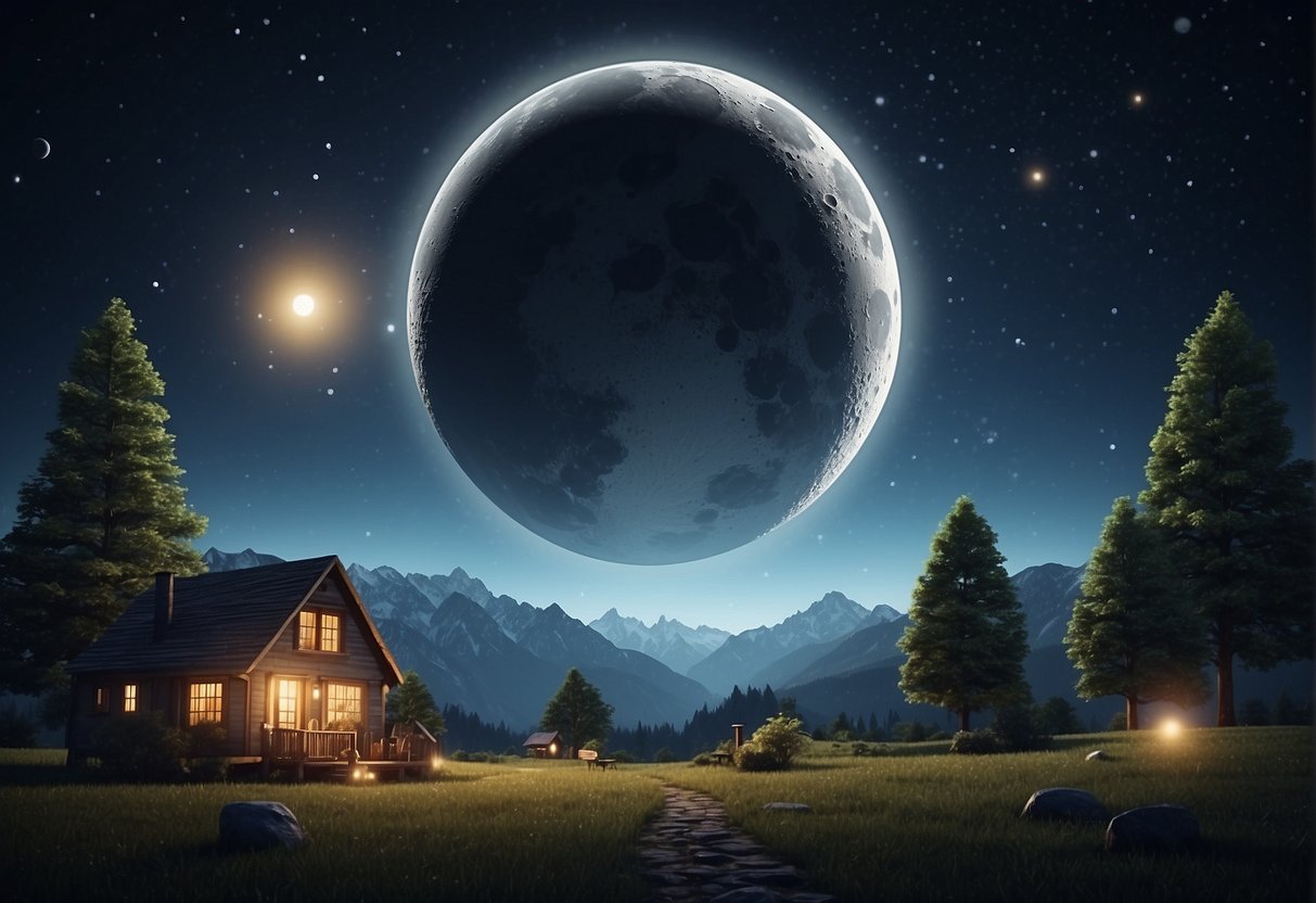 A serene night sky with a glowing moon, surrounded by symbols of daily life activities and a list of manifestations aligned with the lunar phases