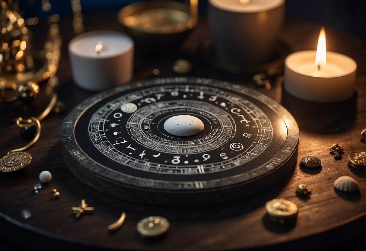 A manifestation list lies on a table, surrounded by lunar phase symbols. The moon is depicted in different stages, aligning with the items on the list