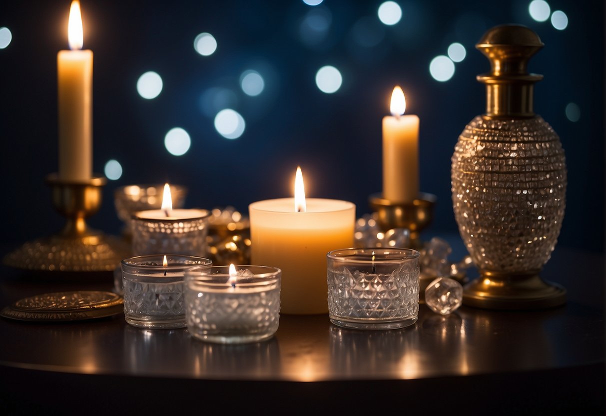 A table set with crystals, candles, and essential oils under a crescent moon. A journal with a list of desires aligned with lunar phases