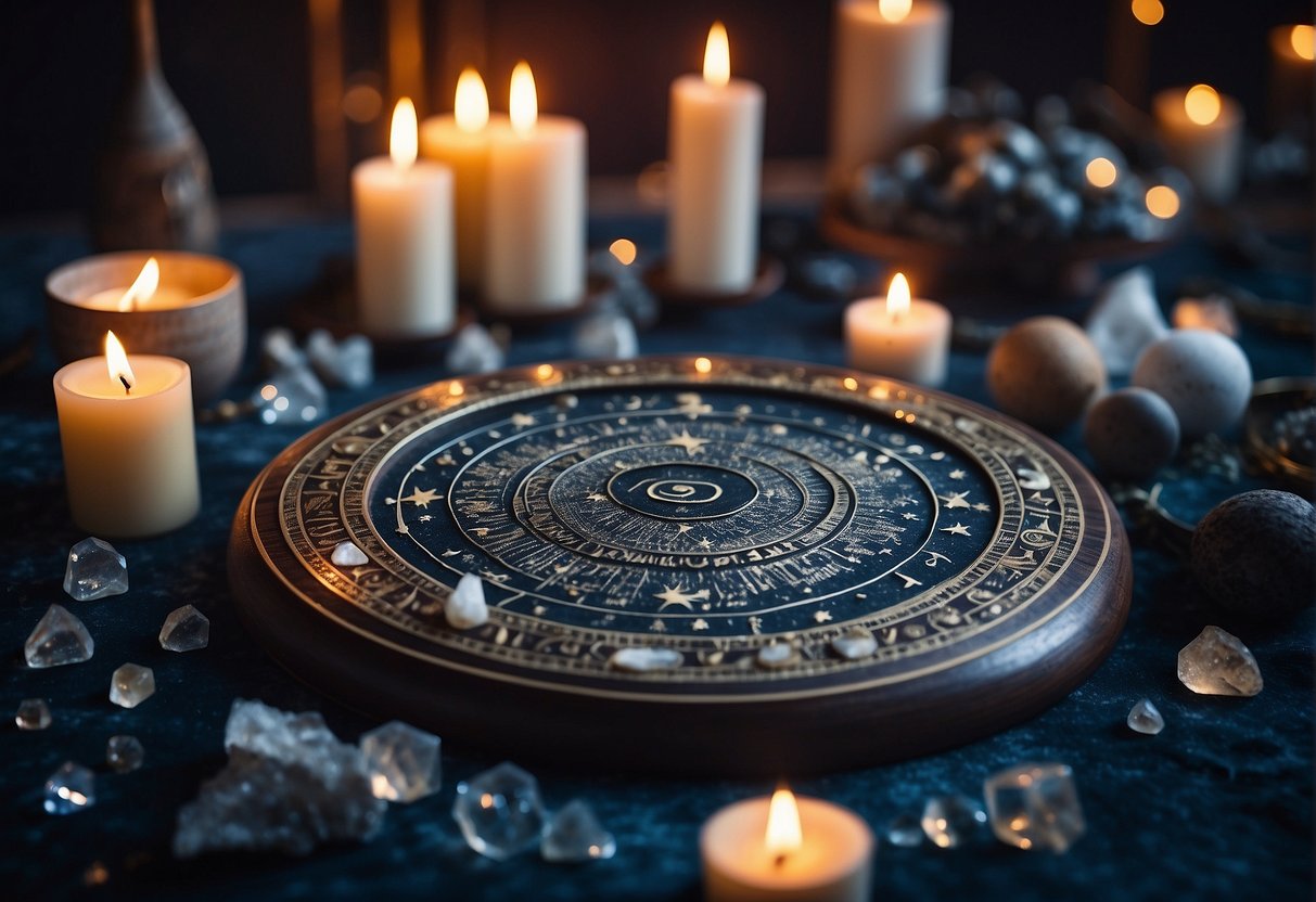 A moonlit altar adorned with crystals, candles, and a handwritten manifestation list, surrounded by elements representing the lunar phases