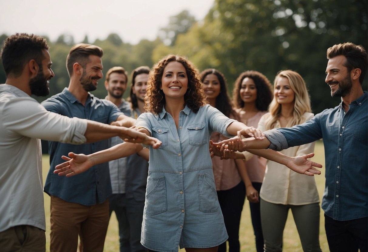 A group of people standing in a circle, arms outstretched towards the center, with a sense of unity and determination