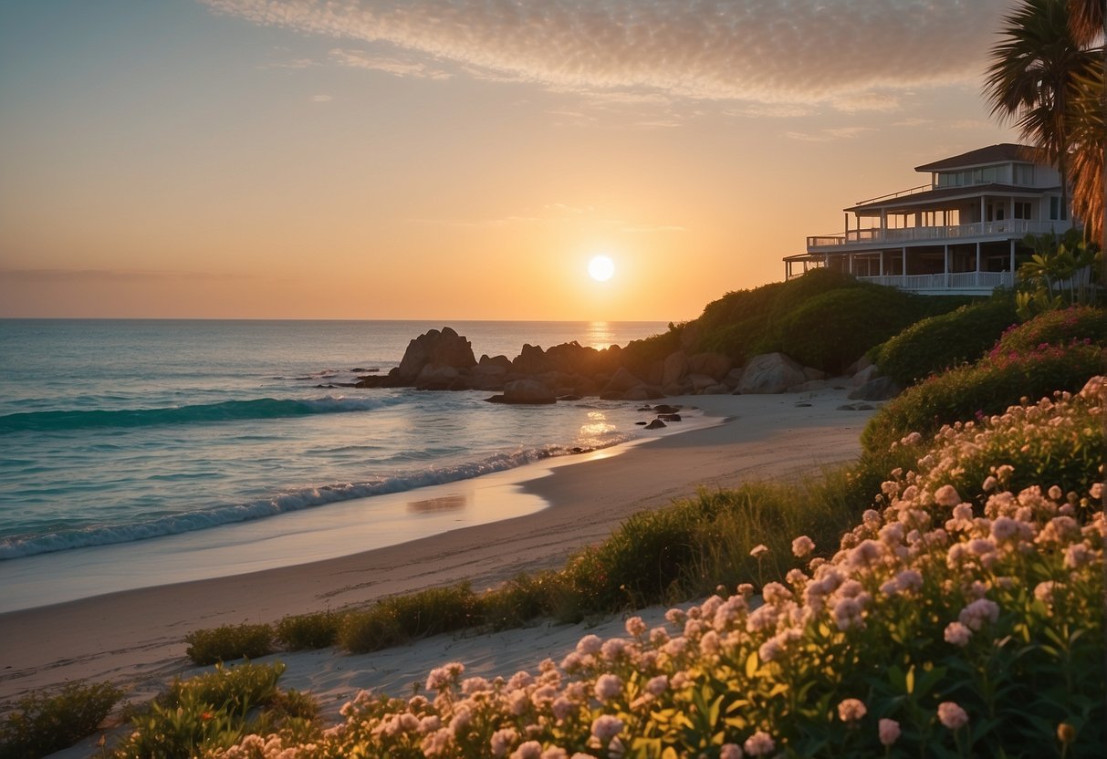 A serene beach at sunset, with a clear sky and calm waves, surrounded by lush greenery and colorful flowers, evoking a sense of peace and fulfillment