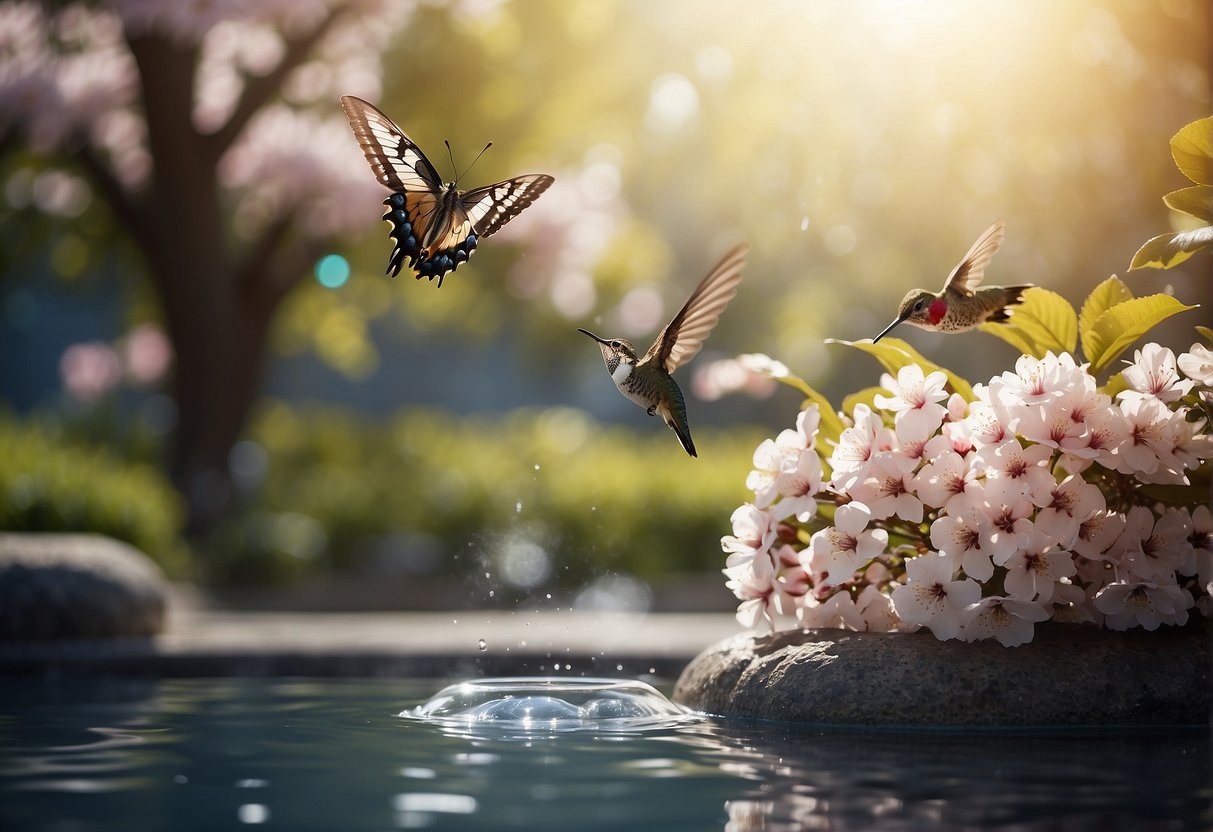 A serene garden with three blooming cherry blossom trees, three butterflies, and three hummingbirds hovering around a sparkling fountain