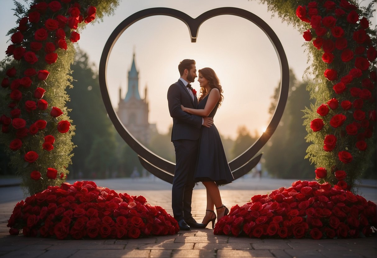 A couple surrounded by three red roses, three hearts, and three intertwined rings, with the number 333 appearing in the background