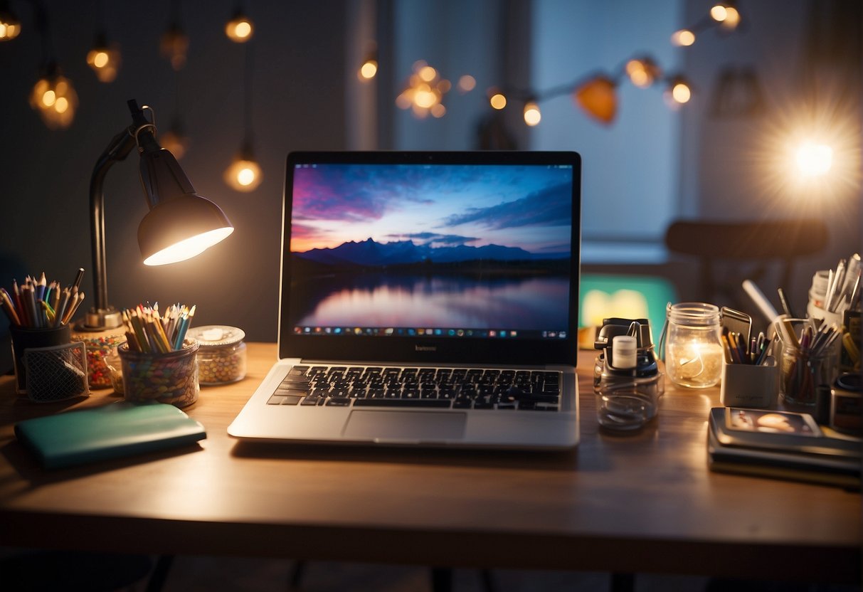 A bright light shines down on a desk cluttered with art supplies and a laptop displaying the number 333. A sense of focus and inspiration fills the room