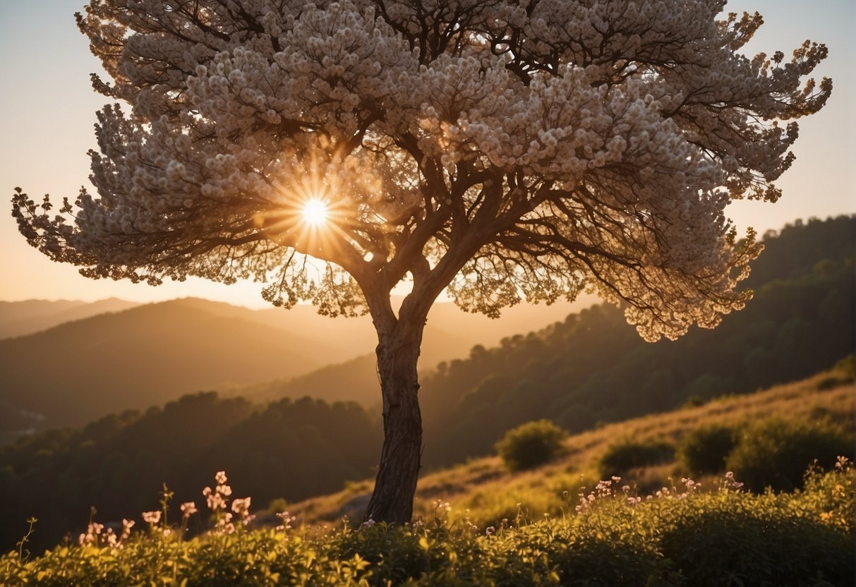 A tree with three branches reaching towards the sky, surrounded by blooming flowers and butterflies. The sun shines down, casting a warm glow over the scene