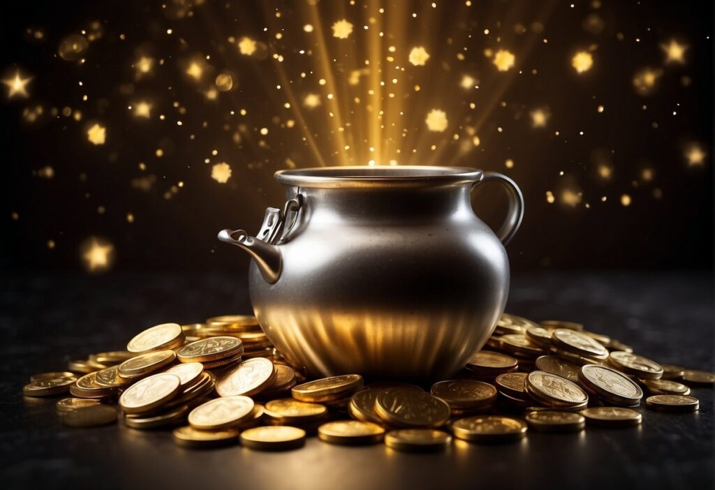 A pot of gold coins surrounded by glowing symbols and a beam of light pointing towards it