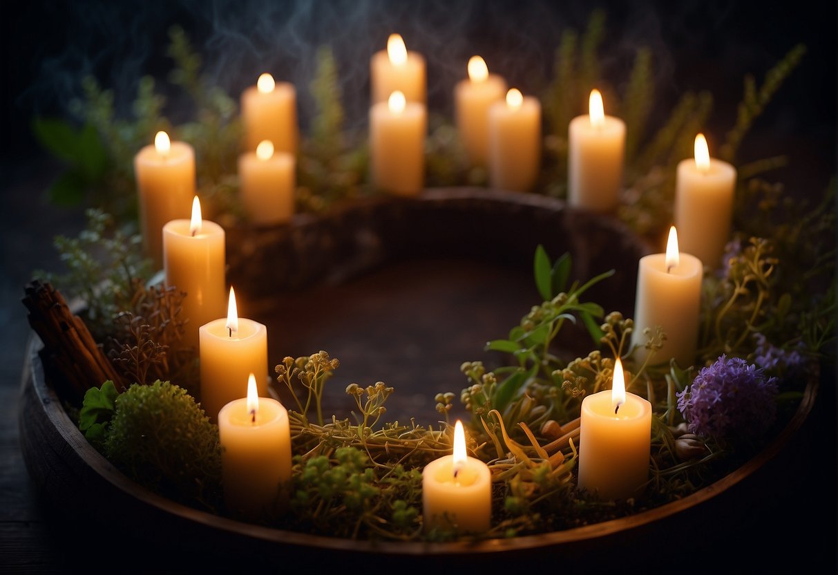 Candles arranged in a circle, emitting a warm and mystical glow, surrounded by symbols and herbs, with wisps of smoke rising in the air