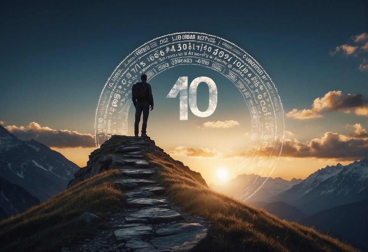 A figure stands atop a mountain, facing a daunting path. Glowing 1011 angel numbers surround them, symbolizing manifestation and overcoming challenges