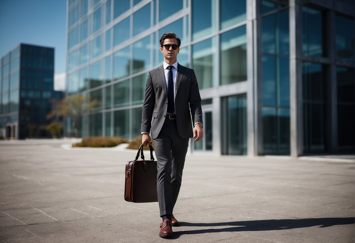 A person in a business suit standing confidently in front of a large office building, with a briefcase in hand and a sense of determination on their face