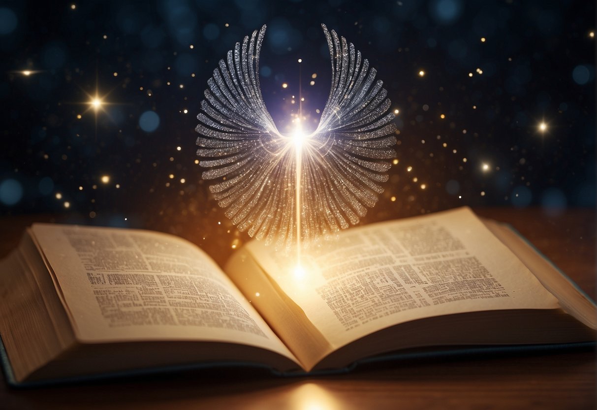 A glowing celestial figure hovers over a book, emitting rays of light as numbers swirl around, symbolizing the manifestation of divine messages