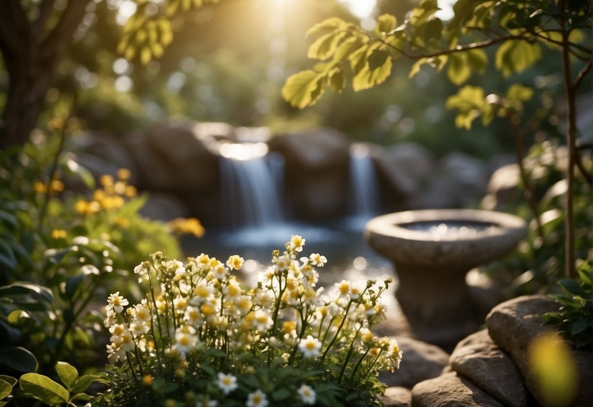 A lush garden with blooming flowers, ripe fruits, and flowing water, surrounded by a golden aura and radiating a sense of fulfillment and abundance