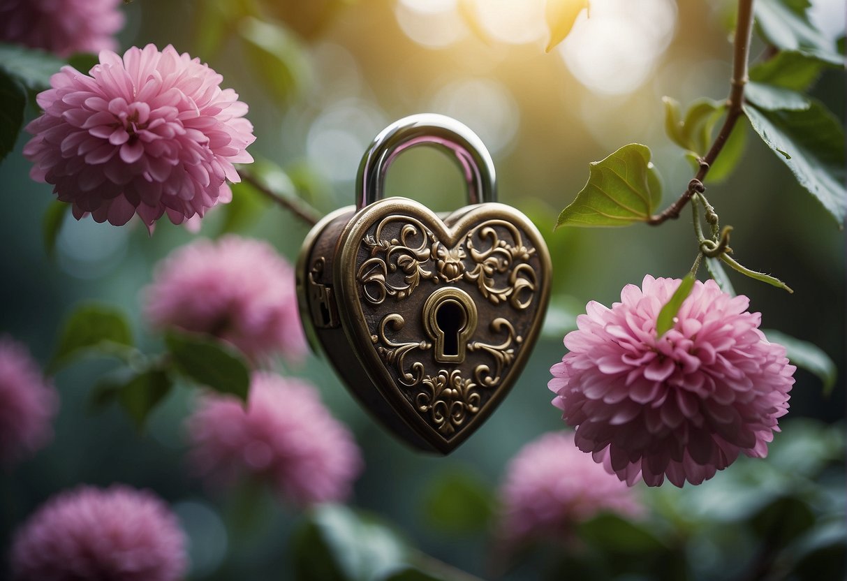 A heart-shaped lock and key floating above intertwined vines and blooming flowers