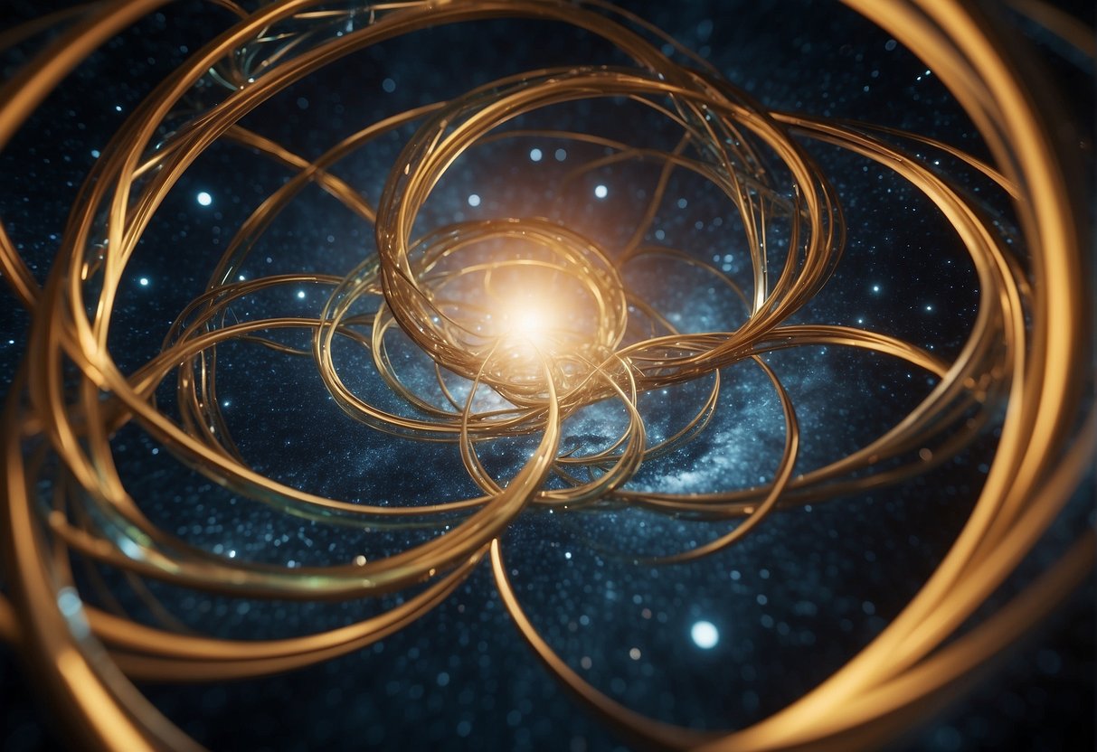 The 12 Universal Laws converge, causing ripples through time and space. The effects of each law intertwine, creating a complex and interconnected web of energy