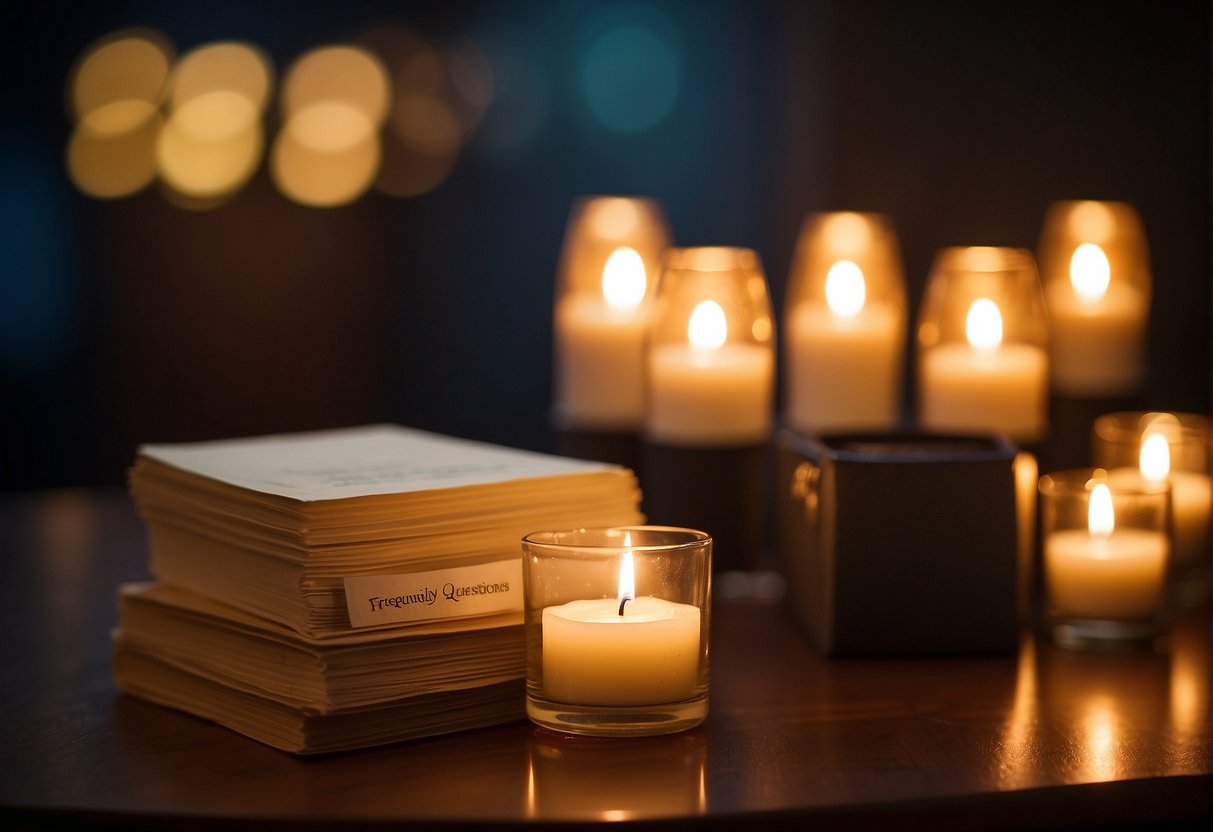 Candles arranged around a stack of papers labeled "Frequently Asked Questions," emitting a warm glow in a dimly lit room